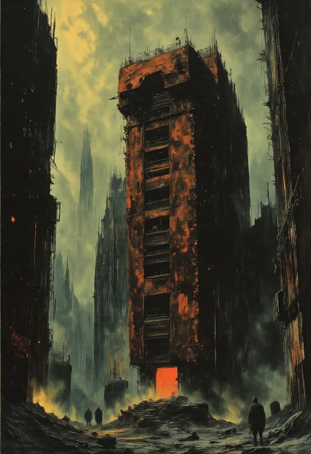 This surreal artwork depicting a dystopian cityscape under a heavy rainstorm. The scene is dominated by a massive, rusted, and decaying scifi structure, ((in the shape of a giant cat)),painted in shades of red and dark, with a texture that suggests years of neglect. This structure appears to be a towering, vertical building with numerous windows and vents, some of which are cracked or missing.
In the background, the cityscape features a mix of futuristic and industrial architecture, including towering strange skyscrapers and large, cylindrical structures, all covered in a thick layer of rain. The buildings are predominantly dark gray and black, with a few spots of light, possibly from streetlights or neon signs, adding contrast. The raindrops are depicted as tiny specks, creating a sense of heaviness and gloom.
In the background, a silhouettes is partially visible, obscured by the rain,lurking, which hints at a dark fantasy or sci-fi element. The overall mood is bleak and desolate, with a focus on the harsh, gritty textures and the overwhelming presence of the rain.reflections,best quality,masterpiece,detailed,rich neon colors,glow,shimmer,cables,wires,color contrast,award-winning,disturbing,hard science fiction,lost technology, melancholy,sepia,fog,(close-up),
H.R.Giger
Zdzisław Beksinski,
Philippe druillet
John Berkey
Nicola Samori
john grimshaw