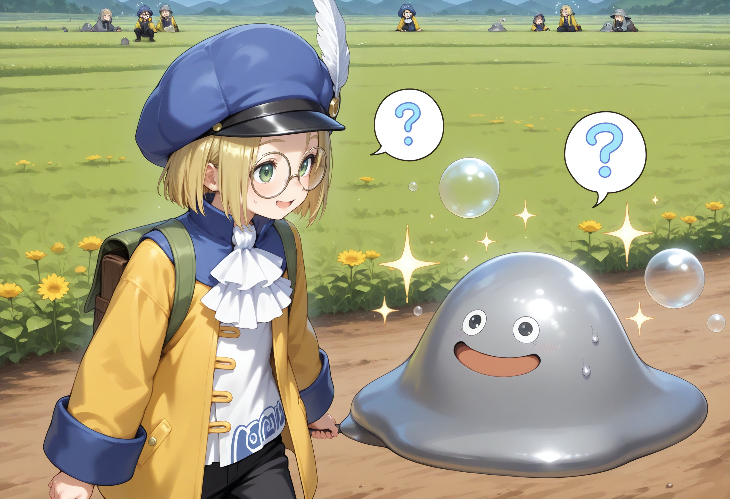 masterpiece,extreme detailed,outdoors,field BREAK hoimin2,2boys,glasses,blonde hair,short hair,hat,round eyewear,white ascot,blue headwear,long sleeves,green eyes,yellow jacket,black pants,<lora:hoimin_(dq)-NAI:1>,spoken question mark,
masterpiece,extreme detailed,outdoors,field BREAK 2others,hagurin,:D,sparkle,bubble,<lora:hagurin-IL:1>,sweatdrop,spoken question mark,
