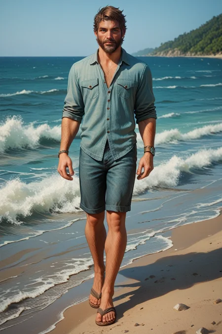 score_9, score_8_up, score_7_up, score_6_up
<lora:TLOUJoel:1.0>
TLOUJoel, 1boy, brown hair, beard, looking at viewer, male model in a casual beach outfit, walking along the shore, footprints in the sand, carrying sandals, ocean waves gently touching his feet, relaxed mood