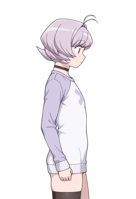 Smooth Quality,masterpiece,very intricate, high quality details, ultra realistic, high detailed skin,detailed enviorement,
simple background, white background,from side,x3,
asymmetrical stockings, ,rash guard, ,choker sweater, , <lora:Osana_Najimi_cnn:0.8> osananajimicnn, 1other,short hair, brown eyes, antenna hair, androgynous, light purple hair,