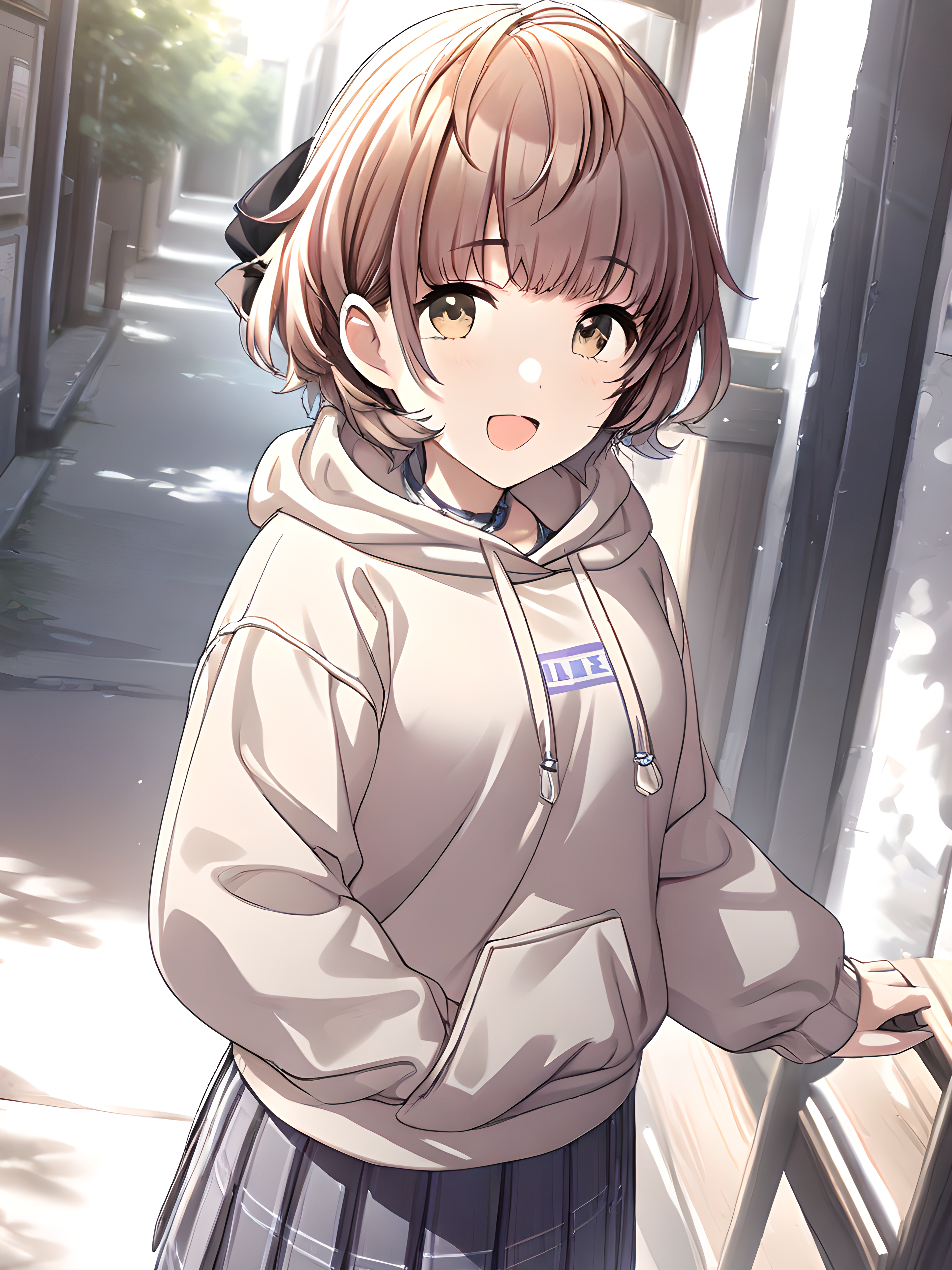 (masterpiece),(best quality),(ultra-detailed),(best illustration),(best shadow),(absurdres),(detailed background),(very aesthetic),haruki ikuta, casualoutfit, 1girl, solo, skirt, white background, hood, smile, looking at viewer, brown hair, simple background, hoodie, open mouth, pleated skirt <lora:XL-IkutaHarukiv1:1>
