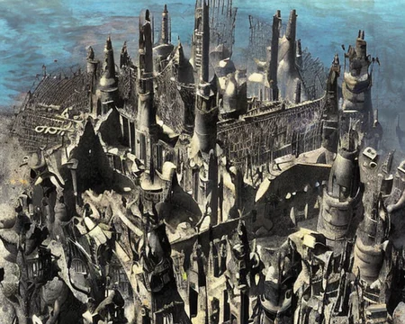 an old ps_game_screenshot of an ancient gothic mountain city, brass pipes, exterior, Lovecraftian, immersive, birds eye view, (concept art by dark souls) <lora:epiNoiseoffset_v2:1>