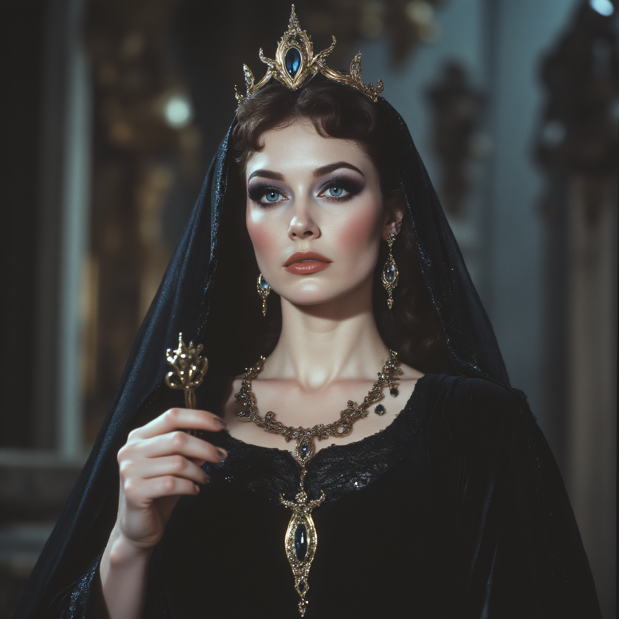ArsMovieStill, 80s Fantasy Movie Still, The image shows a woman wearing a black dress and a crown holding an object in her hand with a blurred background. She appears to be a character from the movie The Wizard of Oz as indicated by the title of the image., 1girl, jewelry, earrings, makeup, veil, dress, black dress, solo, eyeshadow, blue eyes