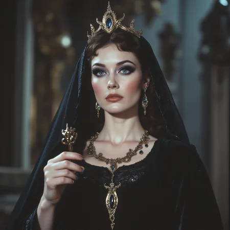 ArsMovieStill, 80s Fantasy Movie Still, The image shows a woman wearing a black dress and a crown holding an object in her hand with a blurred background. She appears to be a character from the movie The Wizard of Oz as indicated by the title of the image., 1girl, jewelry, earrings, makeup, veil, dress, black dress, solo, eyeshadow, blue eyes