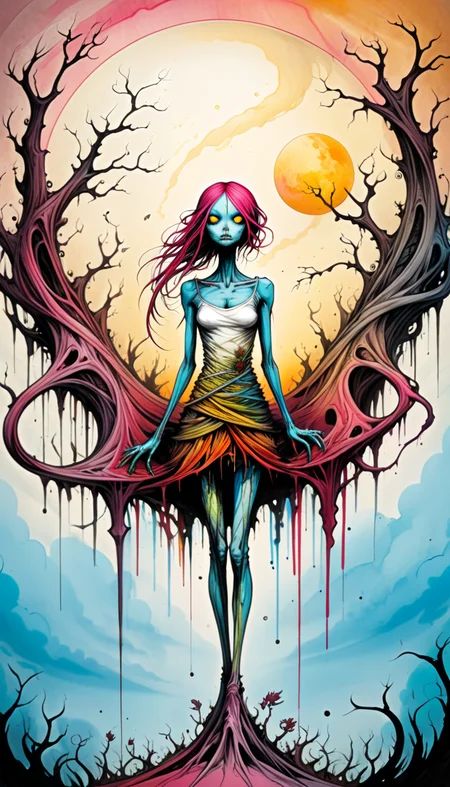 positiv Clip L: alex pardee style an award-winning, of a bautiful woman, positiv Clip G: alex pardee style an award-winning, of a skinny Gothic woman, create a visually captivating and surreal illustration in the unique drawing style of alex pardee sunset in the background,