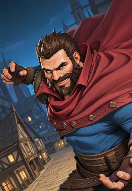 MalcolmGraves, brown hair, short hair, blue eyes, beard, blue long sleeve shirt, red cape, brown fingerless gloves, muscular, pauldron, portrait, looking at viewer, smile, dynamic pose, detailed background, old town, night, dutch angle,