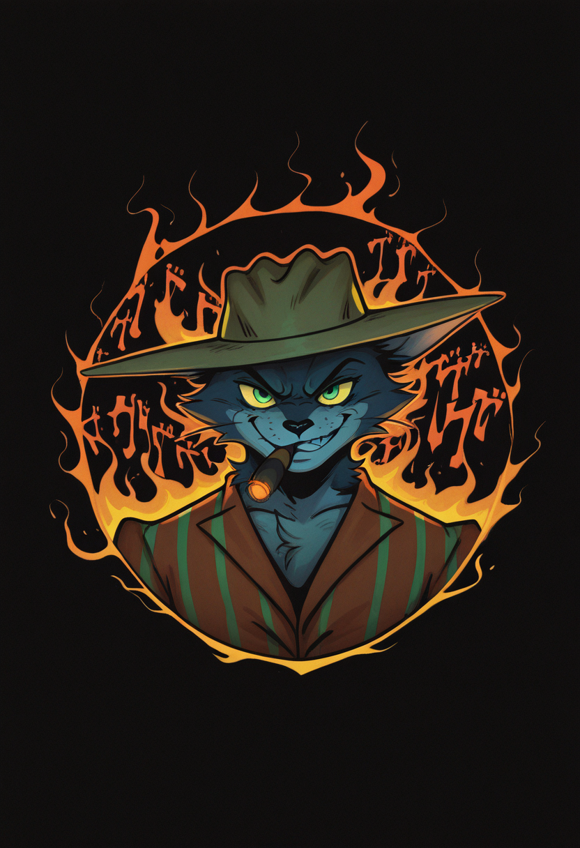 masterpiece, best quality, Graphic Design, color art, vibrant colors, colorful, intricate details, high contrast, detailed background, beautiful detailed, beautiful face, detailed eyes, detailed face, new, newest, z00tt0m, 1boy, solo, male focus, furry, cat, yellow sclera, green eyes, grey fur, whiskers, hat, formal, suit, striped jacket, simple background, black background, portrait, dutch angle, dynamic pose, (jojo pose, orange aura, menacing), perspective, dutch angle, looking at viewer, smoking, cigar in mouth, grin, head down, stare, glowing eyes,