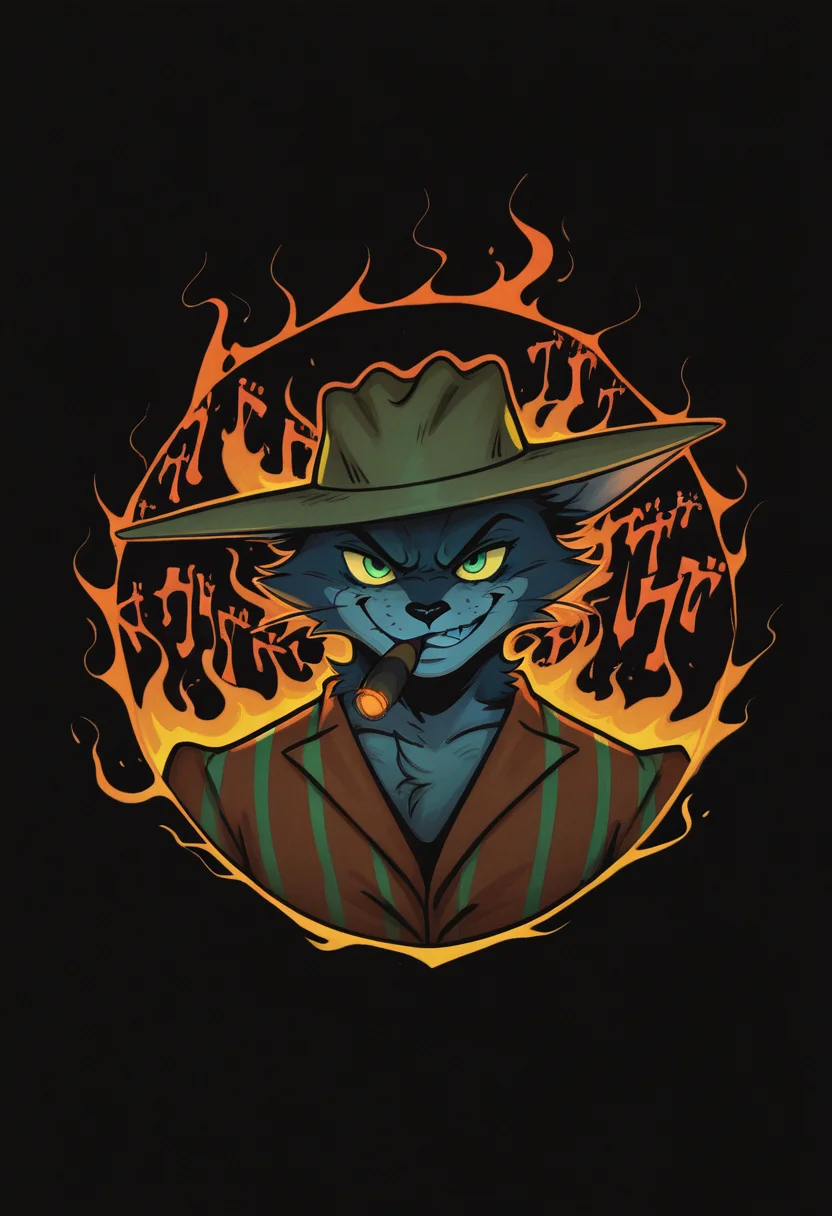 masterpiece, best quality, Graphic Design, color art, vibrant colors, colorful, intricate details, high contrast, detailed background, beautiful detailed, beautiful face, detailed eyes, detailed face, new, newest, z00tt0m, 1boy, solo, male focus, furry, cat, yellow sclera, green eyes, grey fur, whiskers, hat, formal, suit, striped jacket, simple background, black background, portrait, dutch angle, dynamic pose, (jojo pose, orange aura, menacing), perspective, dutch angle, looking at viewer, smoking, cigar in mouth, grin, head down, stare, glowing eyes,