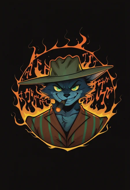 masterpiece, best quality, Graphic Design, color art, vibrant colors, colorful, intricate details, high contrast, detailed background, beautiful detailed, beautiful face, detailed eyes, detailed face, new, newest, z00tt0m, 1boy, solo, male focus, furry, cat, yellow sclera, green eyes, grey fur, whiskers, hat, formal, suit, striped jacket, simple background, black background, portrait, dutch angle, dynamic pose, (jojo pose, orange aura, menacing), perspective, dutch angle, looking at viewer, smoking, cigar in mouth, grin, head down, stare, glowing eyes,