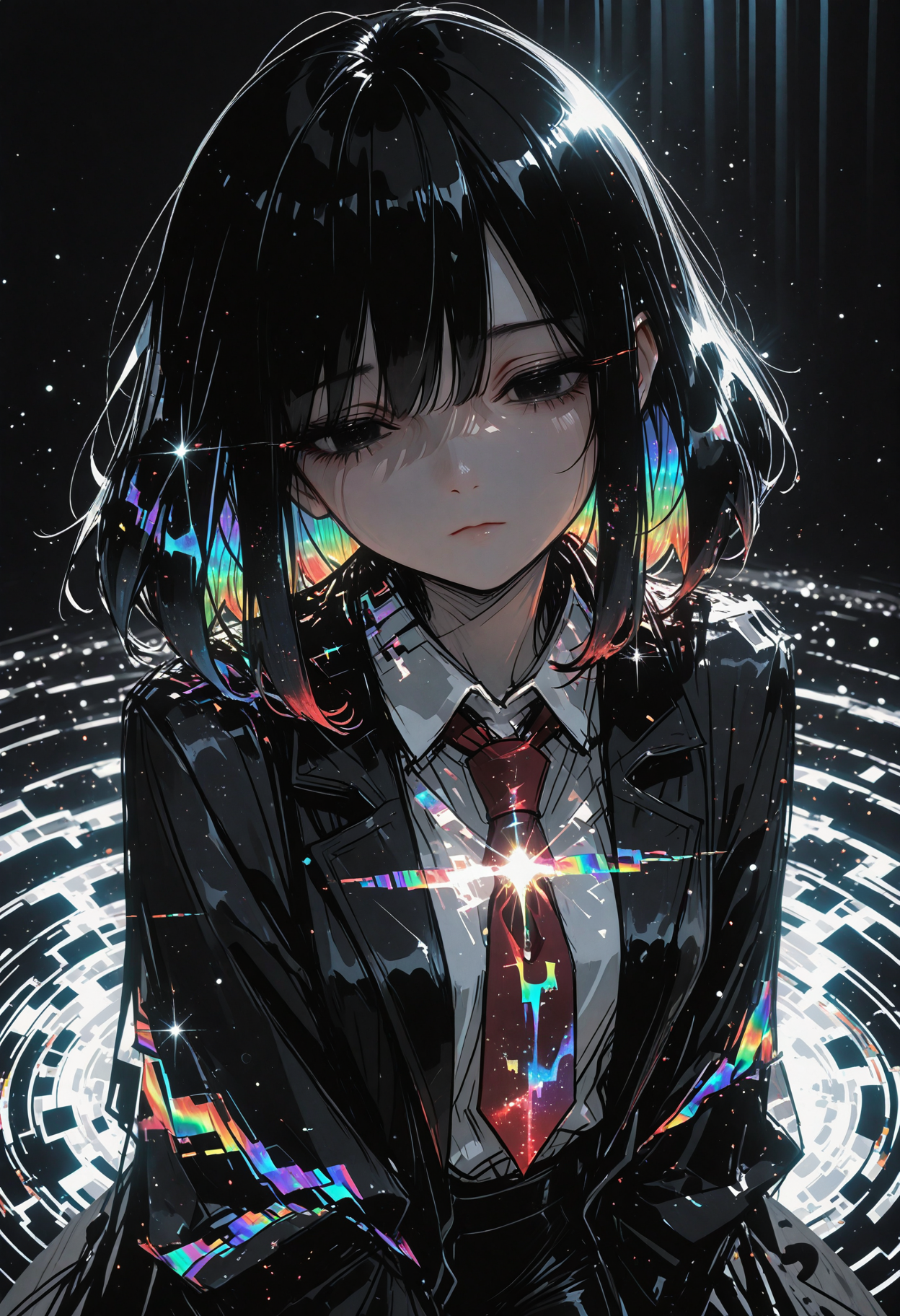 masterpiece, detailed_eyes, high_quality, best_quality, highres, absurdres, 8k, subject_focus, depth_of_field, 
1girl, solo, close-up face, body out of frame, long black hair with subtle cosmic shimmer, black eyes with deep void-like glow, red necktie, collared shirt, black long coat with slight cosmic patterns, gloves, black pants, neutral expression, bright ethereal background, soft ambient glow, dreamy light rays, cinematic lighting, high dynamic range, glowing highlights, surreal luminous aura, rich cinematic depth, soft volumetric light, subtle light particles floating, contrast between dark outfit and luminous surroundings.,dispersion_effect, HDR_effect, spectra_effect, rainbow_prism, colored_highlights, sketch, glitch, cinematic angle, 
 <lora:748cmSDXL:0.5> <lora:ma1ma1helmes_b:0.5>  <lora:re4lity:1>  <lora:ponyv6_noobV1_2_adamW:0.9>