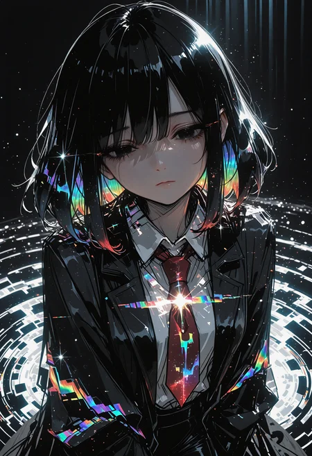 masterpiece, detailed_eyes, high_quality, best_quality, highres, absurdres, 8k, subject_focus, depth_of_field, 
1girl, solo, close-up face, body out of frame, long black hair with subtle cosmic shimmer, black eyes with deep void-like glow, red necktie, collared shirt, black long coat with slight cosmic patterns, gloves, black pants, neutral expression, bright ethereal background, soft ambient glow, dreamy light rays, cinematic lighting, high dynamic range, glowing highlights, surreal luminous aura, rich cinematic depth, soft volumetric light, subtle light particles floating, contrast between dark outfit and luminous surroundings.,dispersion_effect, HDR_effect, spectra_effect, rainbow_prism, colored_highlights, sketch, glitch, cinematic angle, 
 <lora:748cmSDXL:0.5> <lora:ma1ma1helmes_b:0.5>  <lora:re4lity:1>  <lora:ponyv6_noobV1_2_adamW:0.9>