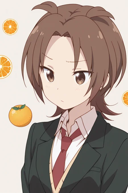 masterpiece, best quality, amazing quality,
 <lora:Yuzu_IL:1> yuzu, brown hair, brown eyes, 1girl, school uniform, blazer, red necktie, simple background, orange fruit pattern backgroud,