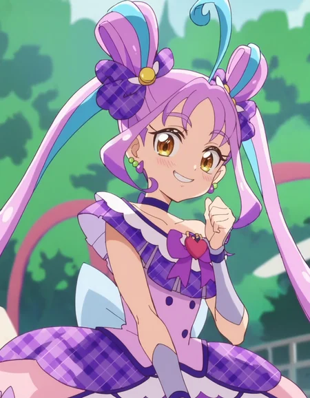 score_9, score_8_up, score_7_up, anime screencap,solo,1girl,curekyunkyun, purple choker, jewelry, dress, looking at viewer, magical girl, earrings, choker,dress, bow, wrist cuffs, hair ornament,small breasts,smile,blush<lora:curekyunkuyn_pony:0.8>