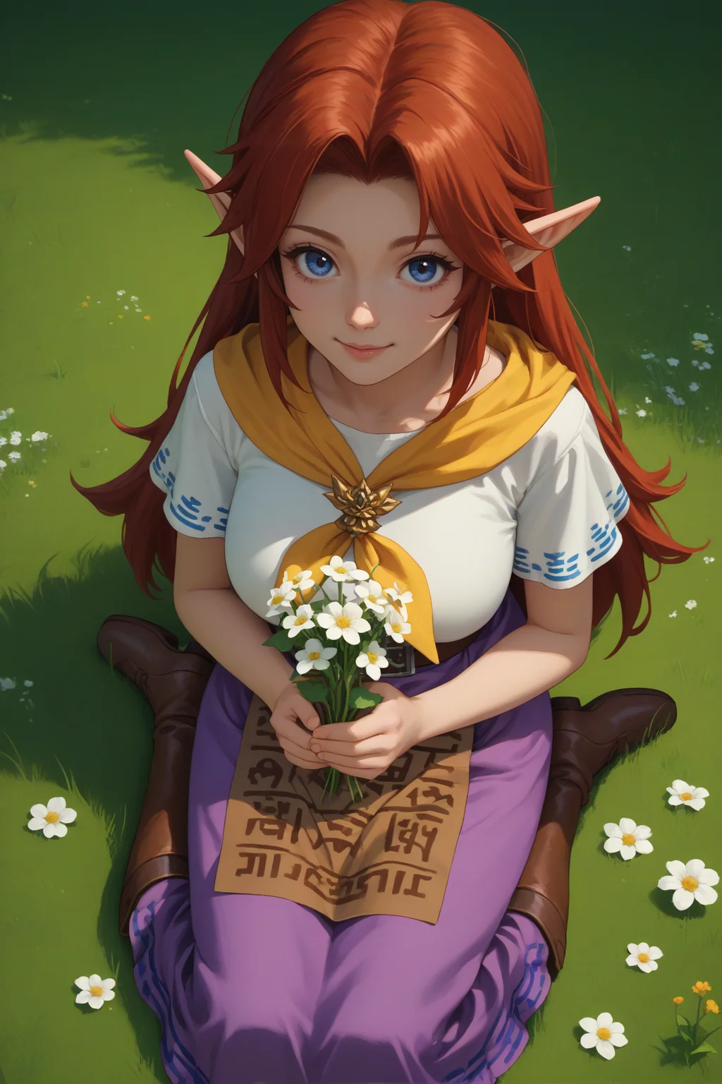score_9, score_8_up, score_7_up, score_6_up, source_anime, 1girl, solo, <lora:malon-pdxl-nvwls-v1-000005:1> cremia, red hair, long hair, pointy ears, white shirt, yellow neckerchief, short sleeves, belt, purple skirt, long skirt, brown apron, looking at you, brown boots, big breasts, sitting, kneeling, grass, field, flowers, looking at you, from above, holding flower, happy