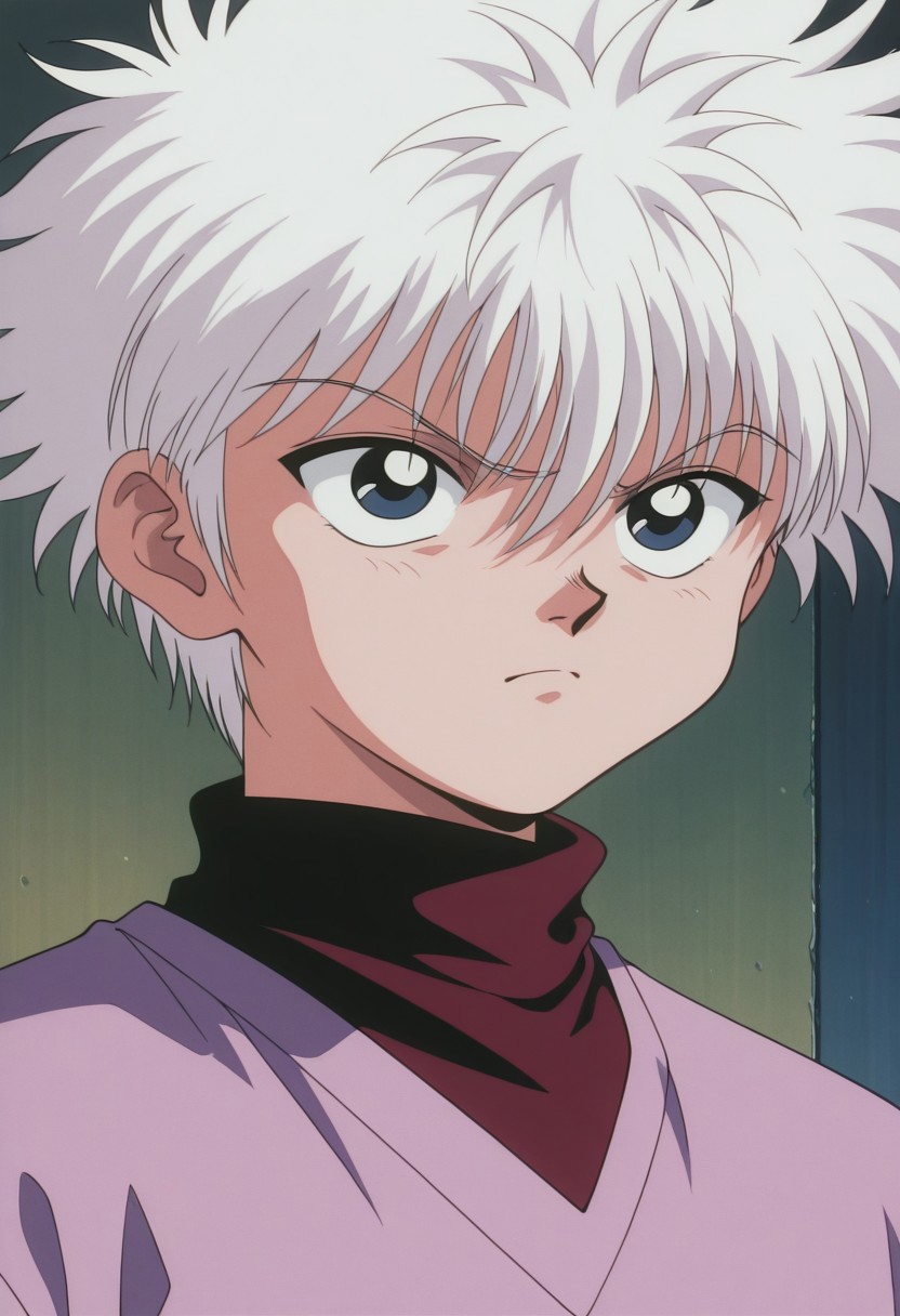 masterpiece,best quality,amazing quality, source_anime, retro_artstyle,
KiruaZorudikku, 1boy, male focus, solo, blue eyes, white hair, red shirt, turtleneck, purple shirt, portrait, frown