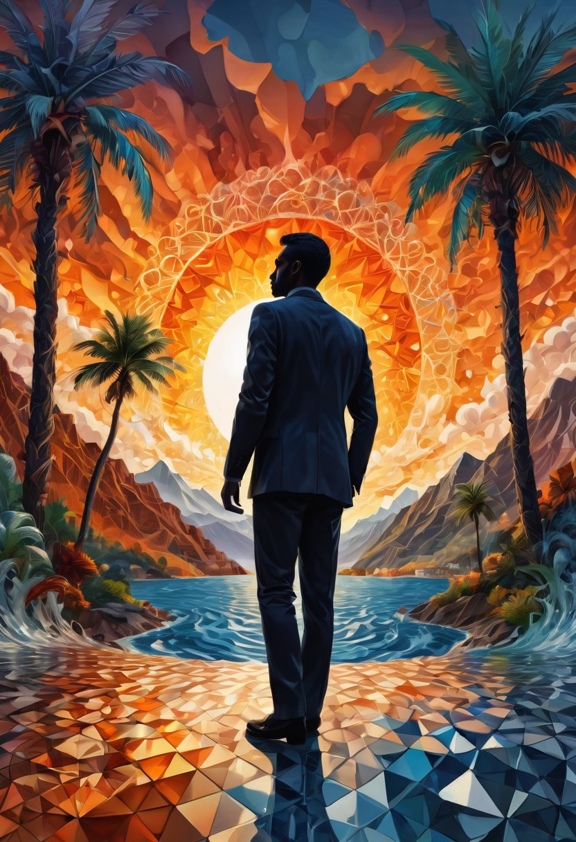 silhouette of man, full body, dressed in a smoking made of crystals , amazing depth, building, cloud, cloudy sky, dusk, evening, fire, gradient sky, lens flare, mountain, ocean, orange sky, palm tree, plant, scenery, sky, sun, sunlight, sunrise, sunset, tree, twilight, water, surreal, pattern, geometric patterns, intricately detailed, perfectly balanced, deep fine edges, artistic photorealism,photorealism, vivid colors,, 8K, UHD, many details, extreme detailed, full of details, BadDream, SoraSleepAI, Circle, Jed-Splash