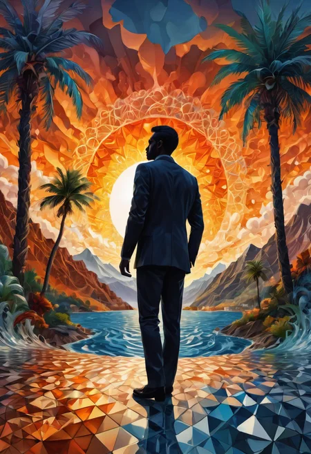 silhouette of man, full body, dressed in a smoking made of crystals , amazing depth, building, cloud, cloudy sky, dusk, evening, fire, gradient sky, lens flare, mountain, ocean, orange sky, palm tree, plant, scenery, sky, sun, sunlight, sunrise, sunset, tree, twilight, water, surreal, pattern, geometric patterns, intricately detailed, perfectly balanced, deep fine edges, artistic photorealism,photorealism, vivid colors,, 8K, UHD, many details, extreme detailed, full of details, BadDream, SoraSleepAI, Circle, Jed-Splash