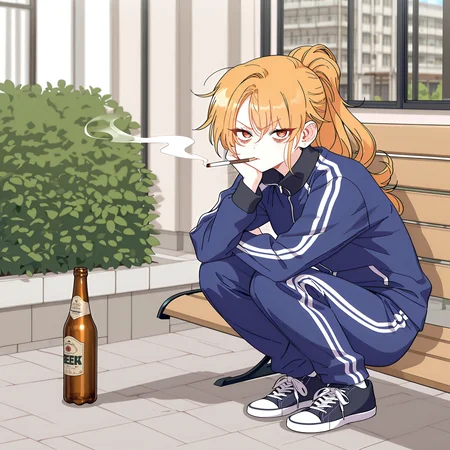 (masterpiece), (best quality), (ultra-detailed), (best illustration), (best shadow), (absurdres), (very aesthetic), 1girl, solo, <lora:Shuraina_West:1>, shushu, mahogany eyes, amber hair, long hair, ponytail, blue tracksuit, white stripes, squatting, beer bottle, smoking cigarette, urban, angry, bags under eyes, looking at viewer, squatting on bench, full body, building, sunny