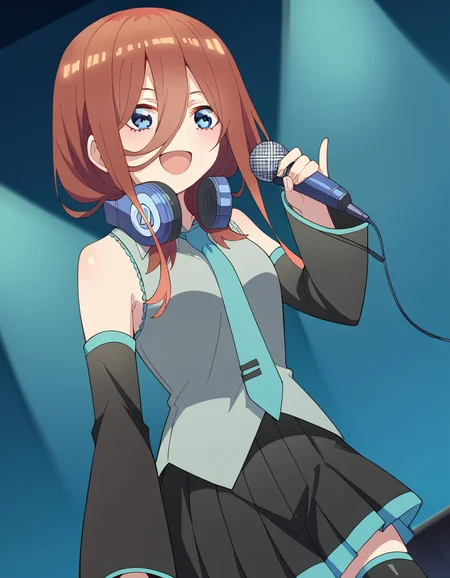 score_9, score_8_up, score_7_up, source_anime, mikunakano, <lora:miku-nakano-s2-ponyxl-lora-nochekaiser:1>, miku nakano, long hair, bangs, blue eyes, brown hair, hair between eyes, headphones, headphones around neck,, <lora:hatsune-miku-cosplay-ponyxl-lora-nochekaiser:1>, hatsunemikucosplay, hatsune miku \(cosplay\), aqua necktie, black footwear, black skirt, black sleeves, boots, collared shirt, detached sleeves, grey shirt, necktie, pleated skirt, shirt, skirt, sleeveless, sleeveless shirt, thigh boots, tie clip,, stage, stage lightings, singing, microphone, holding microphone, open mouth, smile,, cowboy shot, dutch angle,