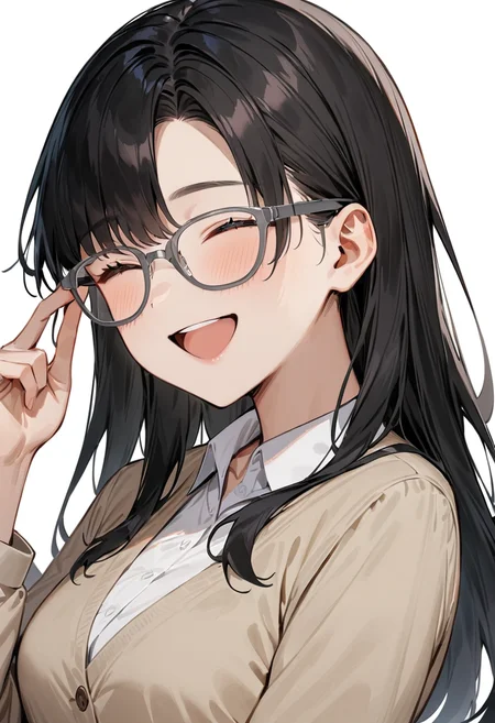 masterpiece, best quality, very aesthetic, absurdres,
1girl, solo, black hair, long hair,
Wellington22A, glasses, grey-framed eyewear,
collared shirt, happy, smile, looking at another, adjusting eyewear, white background, simple background,
<lora:glasses_Wellington_cellframe1_SDXL_V1:0.8>