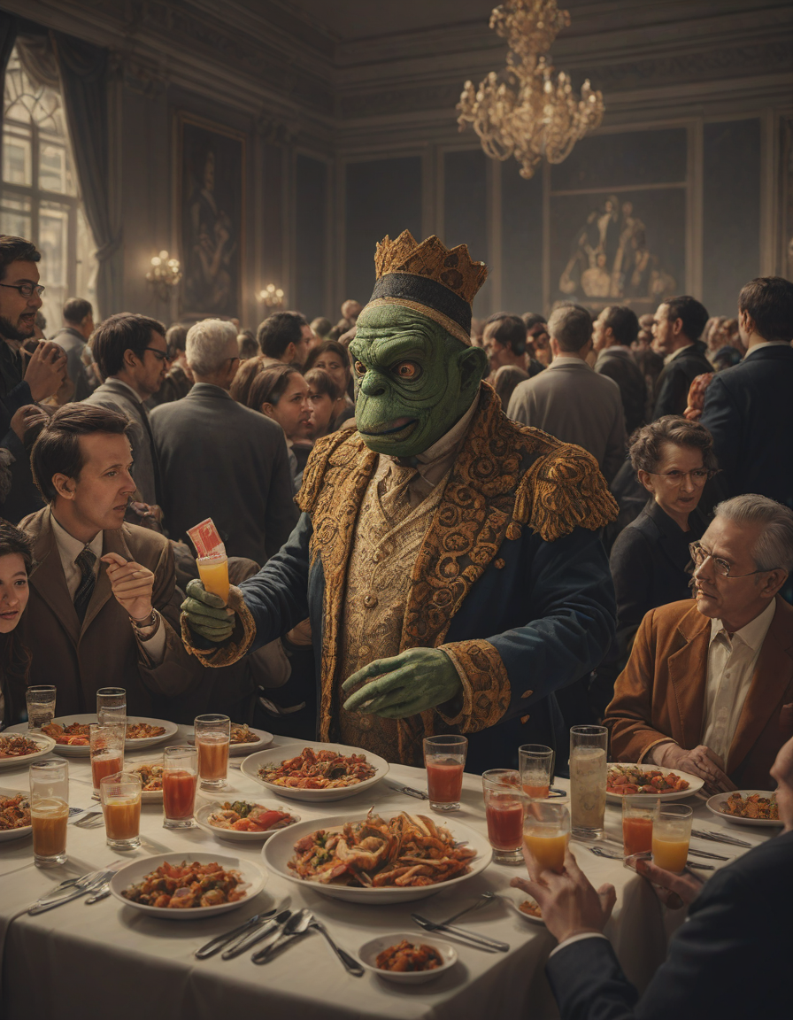 portrait of strong pepe shoot fireball, concept art, trending on artstation, highly detailed, intricate, sharp focus, digital art, 8 k, royal banquet hall, long tables, lavish decorations, feasting nobles, live music, <lora:crowd_notrigger:1.0>
