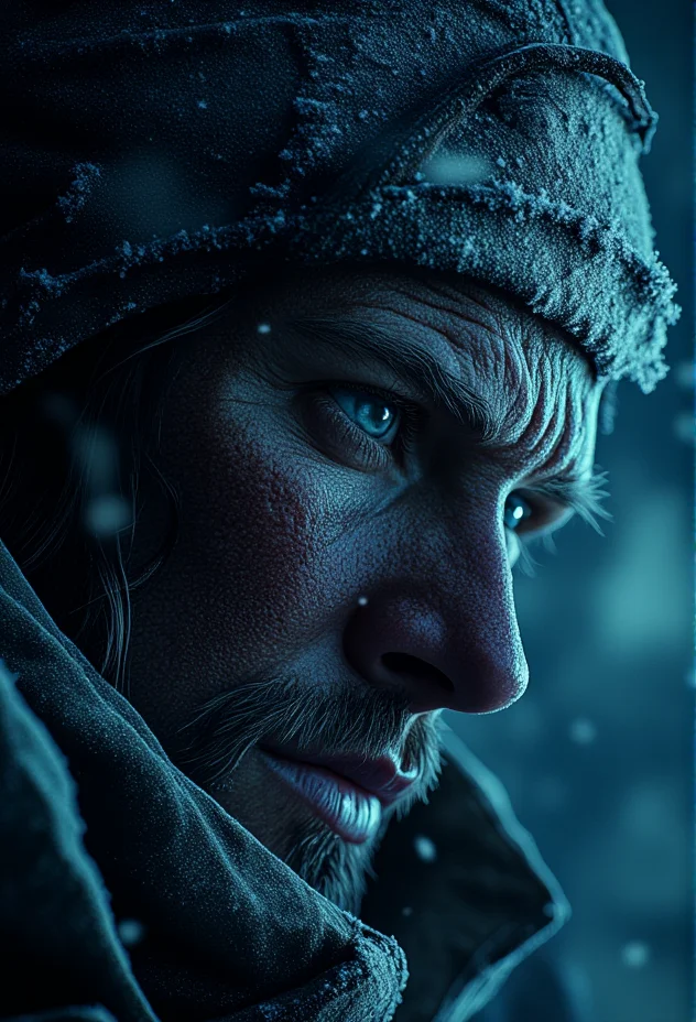 A close-up of a frost-covered, weary face, intense and hardened, under dramatic, moody lighting, snowflakes resting on the skin, cinematic focus on facial texture and detail, cold, blue-toned lighting, with a steam-punk industrial background . bv-fropunsty<lora:bv-frostpunk-style-v1.safetensors:1.0:1.0>