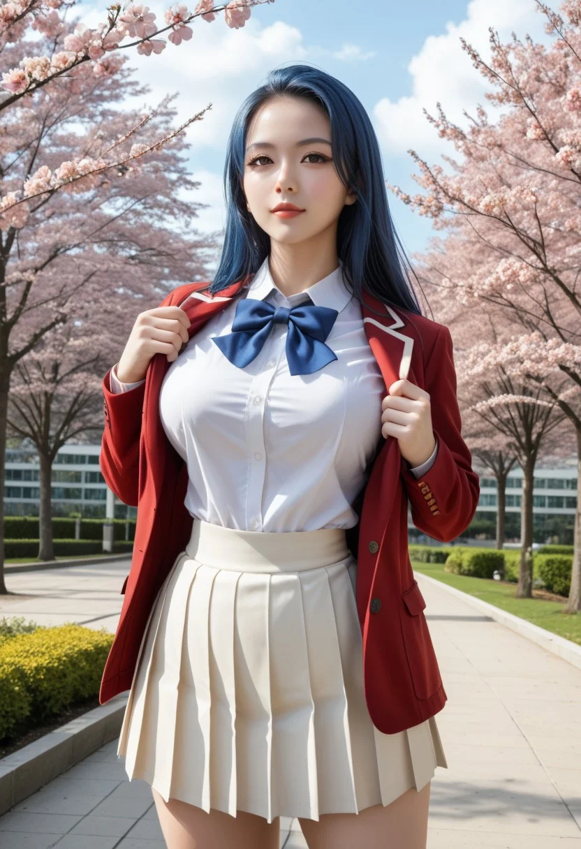 score_9, score_8, score_7, a high detail RAW color professional photo of a 30yo beautiful stunning woman posing for a picture, perfect eyes, Expressiveh, Hasebe Haruka, long hair,blue hair,forehead,brown eyes, plump lips, luscious lips, makeup, perfect anatomy, wide hips, narrow waist, broad shoulders, muscular and voluptuous body, round breasts, breasts together, school uniform,red jacket,blazer,orange cardigan,blue bowtie,white shirt,collared shirt,dress shirt,long sleeves,medium breasts,skindentation,miniskirt,white skirt,pleated skirt,black socks,loafers,brown footwear, perfect hands, perfect fingers,  standing, pose, outdoors, park, cherry trees, cityscape, daylight, blue sky, standing, pose, soft lighting, 8k, perfect lighting, cinematic lighting, highly detailed eyes, highly detailed pupils, highly detailed face, highly detailed skin texture, highly detailed facial features, highly detailed hair texture, highly detailed body, highly detailed hands and fingers, highly detailed nails, highly detailed background, cowboy shot, looking at the viewer, f/2.8, 50mm focal length, ISO 200, photographed on a Canon EOS 90D Camera