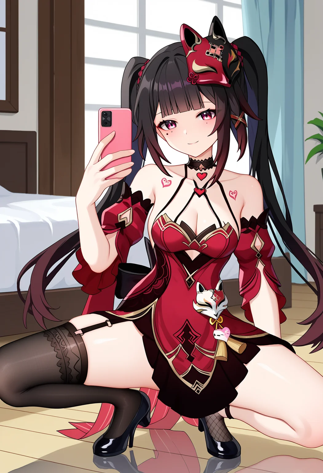 score_9, score_8_up, score_7_up, source_anime,
BREAK
1girl, solo,
<lora:shiSparkleV2:1.0>,
shisparklehonkai,
long hair, black hair, red eyes, multicolored hair, twintails, hair ornament, black fox mask, mask on head, black choker,
mole under eye, mole, mole under each eye,
alternate costume, red and black dress, red dress, cleavage, bare shoulders, detached sleeves, tattoo,
single glove,
black thighhighs, single thighhigh,asymmetrical legwear, black footwear, high heels, squatting,
looking at viewer, smile,
indoors, bed, selfie, reflection,