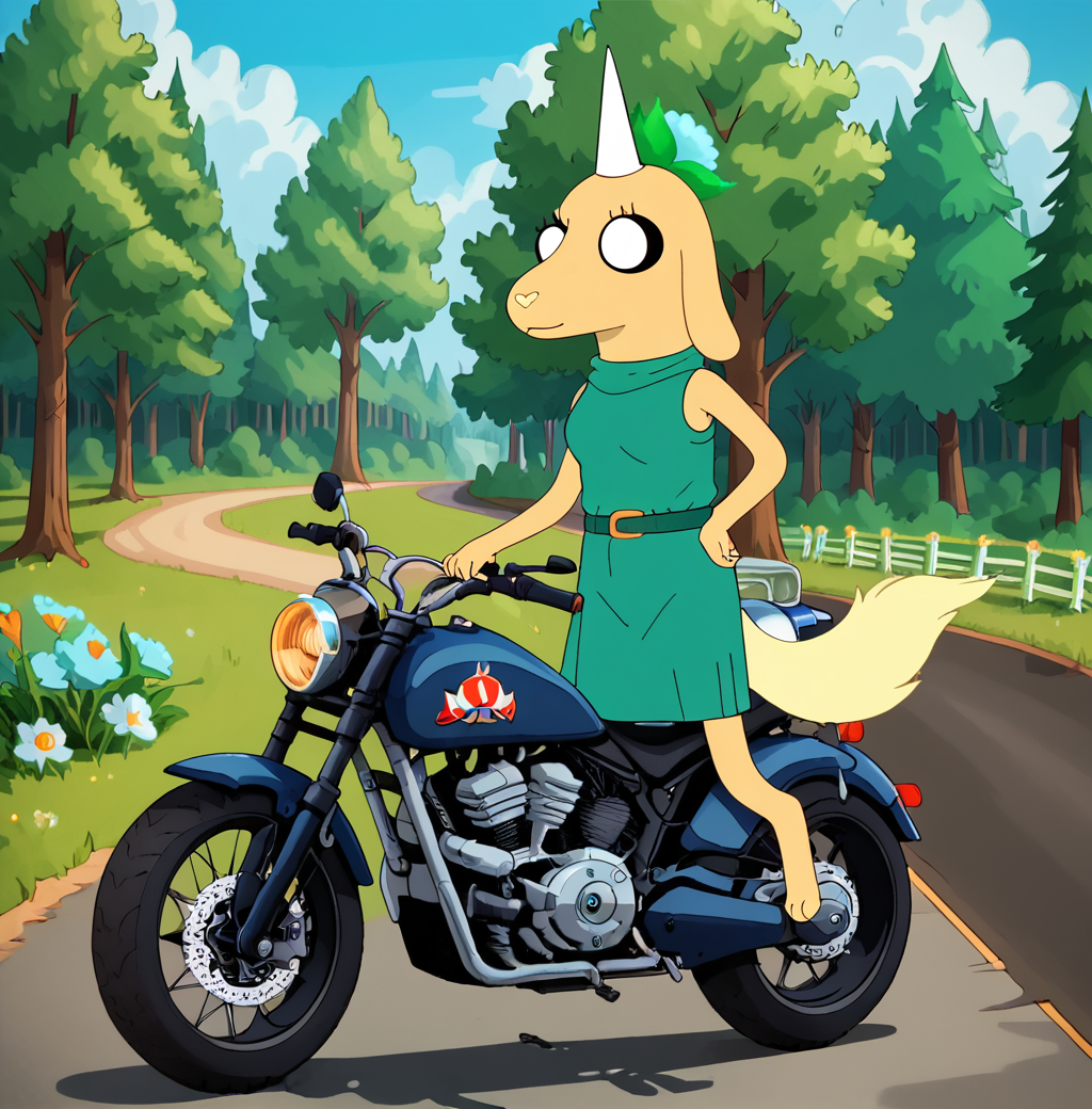 score_9, score_8_up, score_8,
 <lora:Viola_the_Pup_Adventure_Time_for_PonyXL:0.8> furry, 1girl, vi0la, single horn, animal ears, white eyes, black sclera, tail, flower hair ornament, green dress, outdoors, forest, biking uniform, motorcycle, racetrack,
