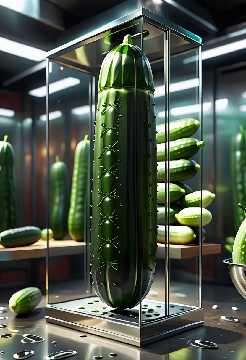 a magnificent floating cucumber made up of Jed-Steel, inside a glass case, a sex shop interior in the background
