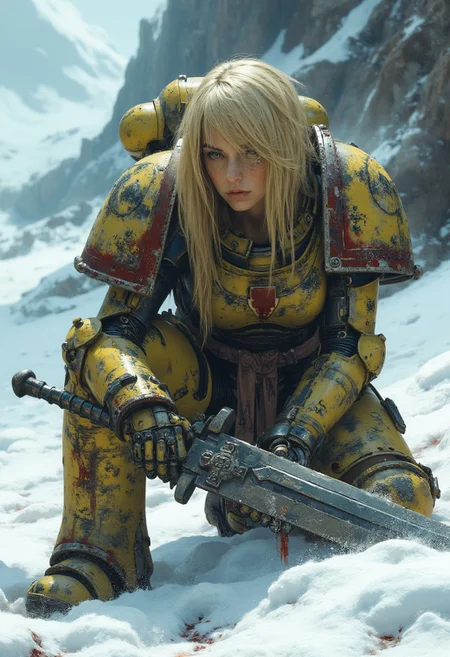 An atmospheric and powerful dark fantasy image, classical style painting of a beautiful female ImperialF40k space marine dressed in intricate power armor. She crouches with her head down and her dirty blonde hair falls over her face. She holds a powerful sword of dark steel. There is blood in the snow around her from a fallen enemy. Cinematic shot in a snowy mountainous region.