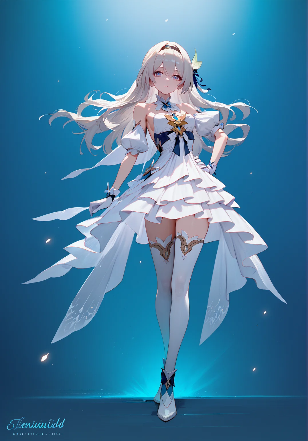 score_9, score_8_up, score_7_up, score_6_up, 8k,
8k, best quality, masterpiece, (ultra-detailed:1.1), (high detailed skin),
(full body), (white background:1.1), standing, looking at viewer, (solo), hand on hip,
<lora:LKtrain-pony-Tanger-000005:0.7>, Firefly /(honkai: star rail/), Firefly's wedding dress, 1girl, long hair, white dress, white thighhighs, white gloves,
(beautiful_face), ((intricate_detail)), clear face,
((finely_detailed)), fine_fabric_emphasis,
((glossy)), full_shot, <lora:Сosmic Void Style LoRA_Pony XL v6 ALT:0.7>,