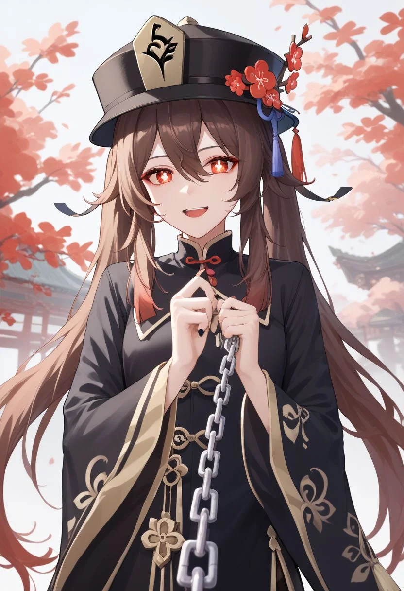easynegative, score_9_up, score_8_up, score_7_up, source_anime, masterpiece, perfectly detailed, detailed face, detailed eyes, beautiful eyes, viewer_on_leash, viewer on leash, hu tao (genshin impact), 1girl, symbol-shaped pupils, brown hair, red eyes, looking at viewer, black nails, long sleeves, long hair, twintails, smile, open mouth, hat flower, hair between eyes, chinese clothes, holding, black headwear, bangs, pov, :d, chain leash, nail polish, wide sleeves, hat ornament, sidelocks