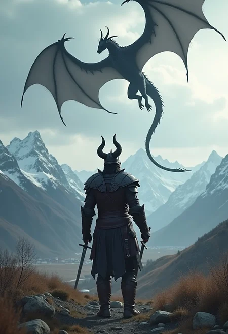 cinematic, skyrim themed, a warrior wearing leather armor and horned helmet, 2 swords in hand, looking up at the sky, a dark demonic dragon is flying in the air in circles, snow peaked mountains in background, small village, very detailed, masterpiece, adventurous, cloudy sky,