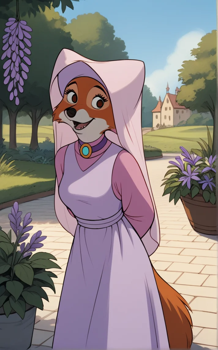 score_9, score_8_up, score_7_up, absurdres,leaning forward, arms behind back, cowboy shot, garden, wisteria, outdoors, depth of field, solo, looking at viewer, <lora:PONYXL_RobinHood_MaidMarian_ownwaifu:0.8> BREAK MainOutfit_MaidMarian_ownwaifu, 1girl, fox girl, animal nose, brown eyes, furry female, orange fur, habit, two-tone fur, white fur, body fur, snout, purple dress, veil, brooch, purple shirt, jewelry, puffy sleeves, hood up, long sleeves, puffy long sleeves, long dress, fangs, pinafore dress, gem, fox tail, blue gemstone, pink headwear, purple collar, tail, hooded cloak, breasts, turtleneck, medium breasts, <lora:add-detail-xl:0.15>,