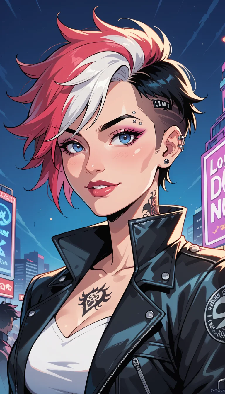 score_9, score_8_up, score_7_up, Western Comics, Portrait, girl, punk, cute, seductive, innocent, light smile:0.3, plump lips, slender body, very short hair, multicolored hair, in high detailed textured black leather jacket, piercing, small tattoo, most iconic photo, London night background, depth of field, dynamic angle, fashion photography, sharp, hyperdetailed:1.15