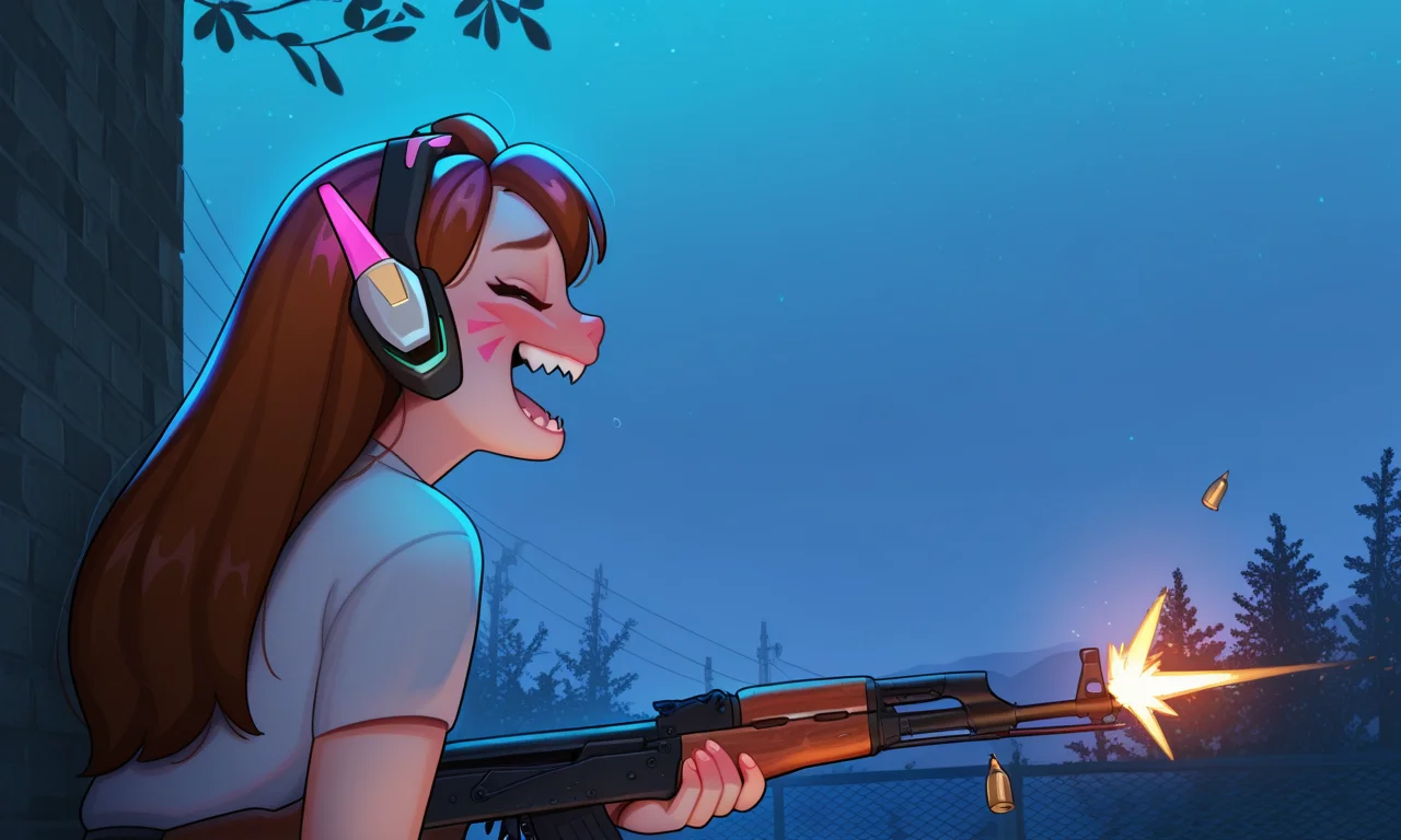 masterpiece, best quality, amazing quality, very aesthetic, absurdres, newest, pikaole, dva_\(overwatch\), side_view, firing_gun, ak-47, assault_rifle, bullet_casings,intense_action, maniacal_laughter, sharp teeth, pointy teeth, (laughing), wild_eyes, outdoors, night, dynamic_shot, windblown_hair,<lora:ak-47.safetensors:1.0:1.0>