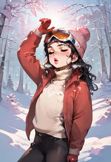Atte_Nanakusa, MixedByErry, InCaseStyleZ, score_9, score_8_up, score_7_up, score_6_up, 1girl, chinese female (hazel brown eyes, long hair, wavy hair, black hair, red highlights), sk1gear (black beanie, gloves, red jacket, turtleneck sweater, black pants, eyewear on head, goggles), open jacket, slender body, (flat chest:1.4), soft lips (pink lipstick, shiny lips:1.4), stretching, motion lines, closed eyes, yawning, (blush:1.4), cold breath, outdoors, snow, snowy pine tree forest, bright sun (lens flare, bloom), dramatic shadows, 4k uhd, absurdres, warm lighting, detailed light, cowboy-shot, (highres textures), soft light passing through hair, natural lighting, detailed background, beautiful face, cute face, detailed face