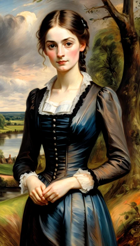 positiv Clip L: John Constable Style page, an award-winning, of a bautiful woman, positiv Clip G: John Constable Style page, an award-winning, of a skinny Gothic woman,  sunset in the background,