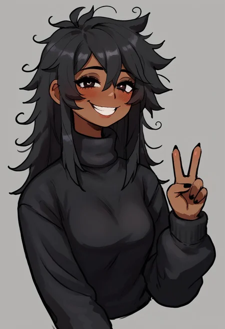 score_9, score_8_up, score_7_up, 1girl, mestizo skin, dark skin, black hair, simple background, black sweater, turtleneck, smiling, blushing, long hair, messy hair, peace sign, by inuzu