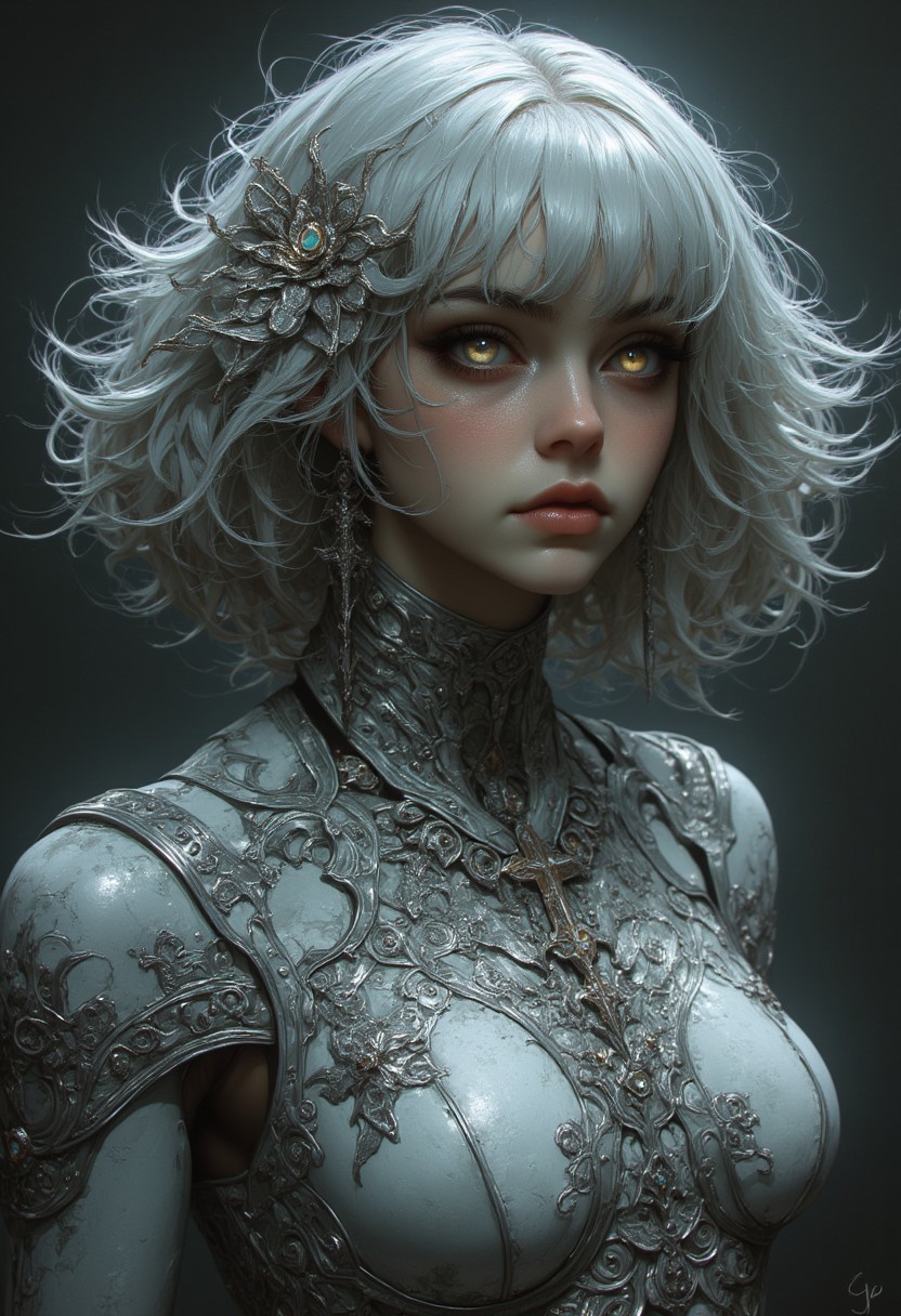 Silver statue of a woman, her skin composed of delicate, textured silver flakes, with chrome and glass flowers intricately woven into her hair, her eyes gleaming with a warm, bluish light, wearing a majestic, windy-blown ornate gown with tattered, silver petals, reminiscent of a dark, dystopian world, her face and shoulders illuminated by a soft, ambient glow, as if radiating an otherworldly energy. In the styles of Royo's dark, mystical realism, Artgerm's hyper-detailed, metallic sheen, and Lovecraft's eerie, atmospheric tension, with meticulous attention to intricate textures, dramatic shading, and a sense of haunting, ethereal beauty.