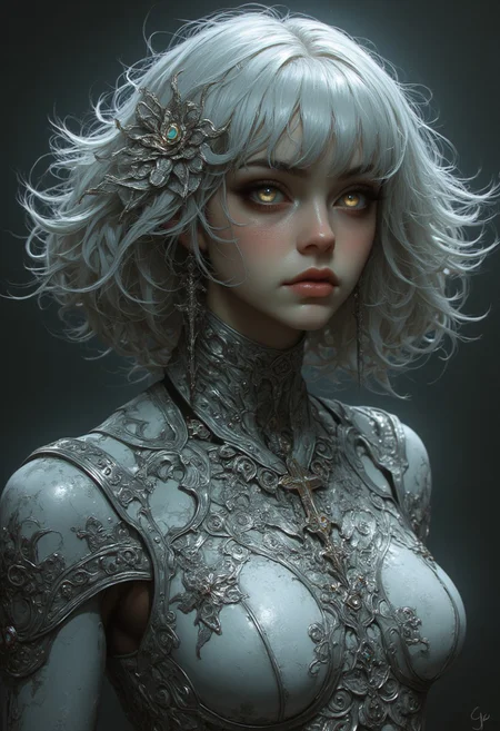 Silver statue of a woman, her skin composed of delicate, textured silver flakes, with chrome and glass flowers intricately woven into her hair, her eyes gleaming with a warm, bluish light, wearing a majestic, windy-blown ornate gown with tattered, silver petals, reminiscent of a dark, dystopian world, her face and shoulders illuminated by a soft, ambient glow, as if radiating an otherworldly energy. In the styles of Royo's dark, mystical realism, Artgerm's hyper-detailed, metallic sheen, and Lovecraft's eerie, atmospheric tension, with meticulous attention to intricate textures, dramatic shading, and a sense of haunting, ethereal beauty.