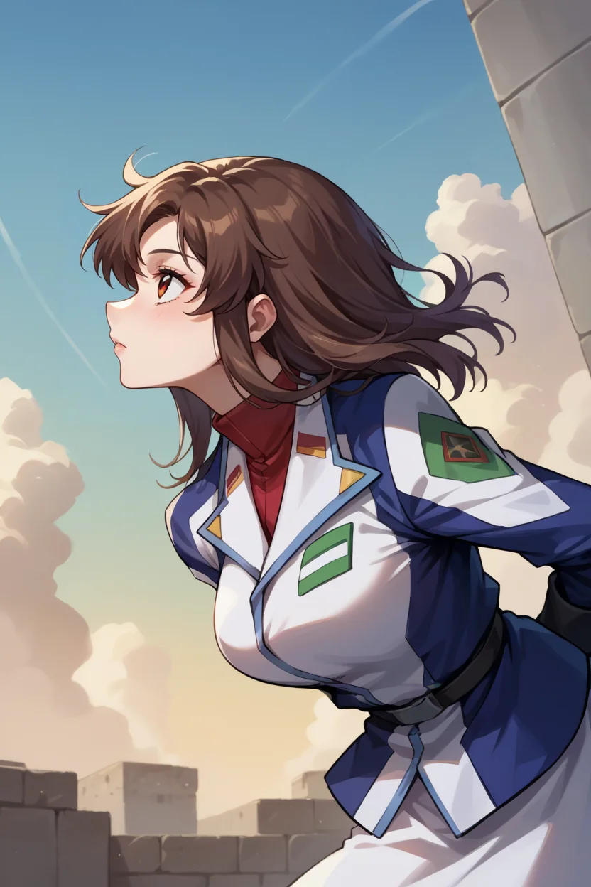 score_9, score_8_up, score_7_up, score_6_up, source_anime, BREAK 1girl, solo, <lora:murrue-pdxl-nvwls-v1-000005:1> murrue ramius, brown hair, white and blue jacket, blue sleeves, white skirt, pantyhose, breasts, blue sky, looking up, from side