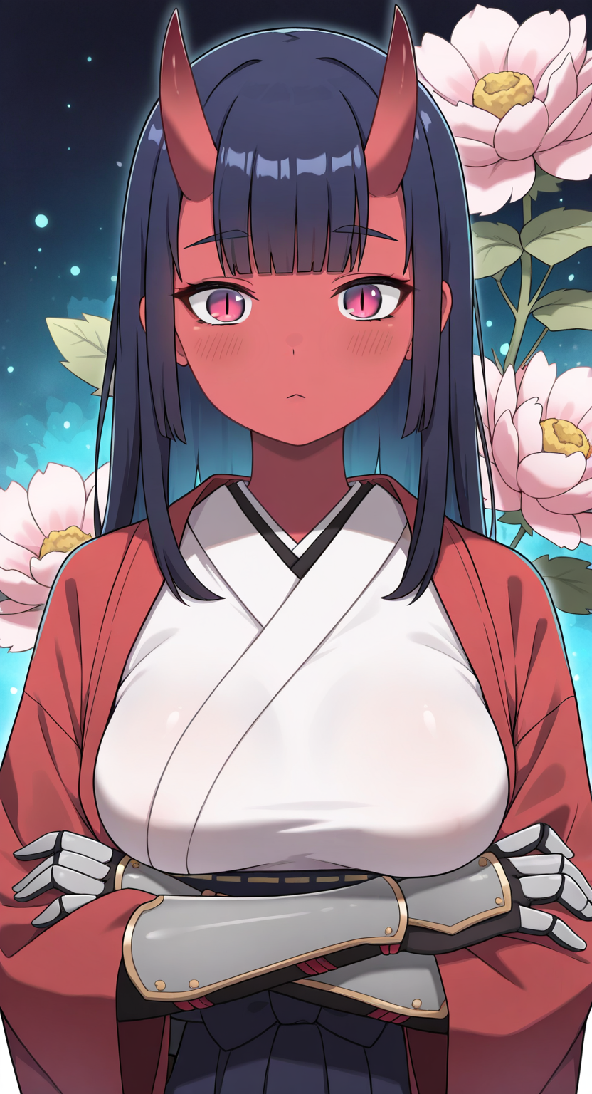 masterpiece, cute, lovely, newest, absurdres, (best quality:1.3), amazing quality, very aesthetic, 1girl, solo, high_resolution, hq, 4k, BREAK. high gradient eyes, very cute, light particles, cute details, cute colors, mature woman, (big_breasts:0.6), (Kamuo_Style), red skin, oni, oni horns, dark blue hair, straight hair, blunt bangs, pink eyes, slit pupils, (medium breasts:1.2), sagging_breasts, arms crossed, BREAK. portrait of a woman, high fantasy, ethereal, steamy, vibrant colors, magical, serene, mystical, soft glow, dynamic_angle, dynamic_pose, peony_background,japanese clothes, long sleeves, white shirt, red jacket, sash, hakama, gauntlets