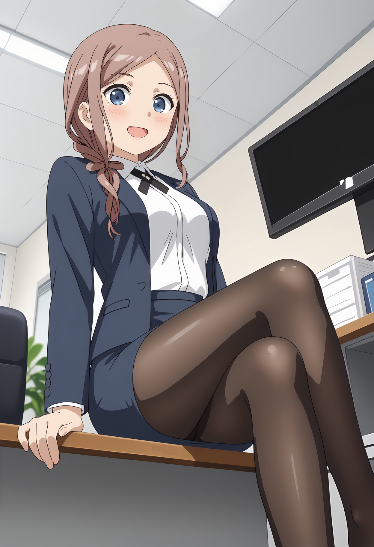 anime screencap,
<lora:OneRoom_OrisakiSayaXL:0.9>,
1girl, solo, open mouth, light smile, blush,
long hair, light brown hair, parted bangs, hair over shoulder, single braid, blue eyes,
SayaSuit, open jacket, blue jacket, white shirt, cross tie, neck ribbon, black ribbon, long sleeves, pencil skirt, blue skirt, black pantyhose,
cowboy shot, sitting, crossed legs, looking at viewer, from below, feet focus,
office, indoors, blurry background
