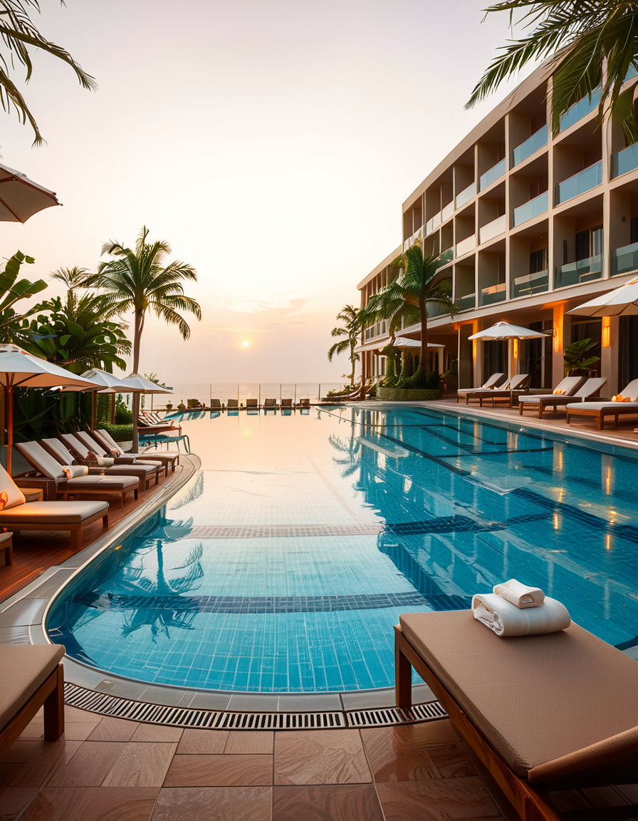 A luxurious hotel swimming pool at sunset, surrounded by elegant lounge chairs and palm trees. The crystal-clear water reflects the warm hues of the sky, creating a serene and inviting atmosphere. The pool has an infinity edge overlooking a breathtaking ocean view, with soft ambient lighting enhancing the tranquil mood. The surrounding area is immaculately maintained, with neatly arranged sunbeds, stylish umbrellas, and a sleek modern poolside bar in the background. The scene is captured in ultra-high resolution, with photorealistic details emphasizing the shimmering water, the textures of the pool tiles, and the gentle movement of palm leaves in the evening breeze.
<lora:SDXLFaeTastic2400:0.4> <lora:extremely_detailed:0.4> extremely detailed, <lora:hotel_sw1mm1ng_p00l:1>,hotel sw1mm1ng p00l, Masterpiece,best quality,hi res,8k,hi res,8k,award winning,(sharp focus, intricate, highly detailed),
