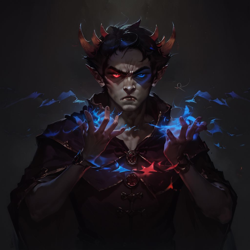 score_9, score_8_up, score_7_up, score_6_up, concept art, realistic, dark theme, low light, Sollux Captor, grey skin, black hair, four horns, red and blue eyes, sorcerer outfit, wizard outfit, annoyed expression, glowing hands, casting a spell, 1boy