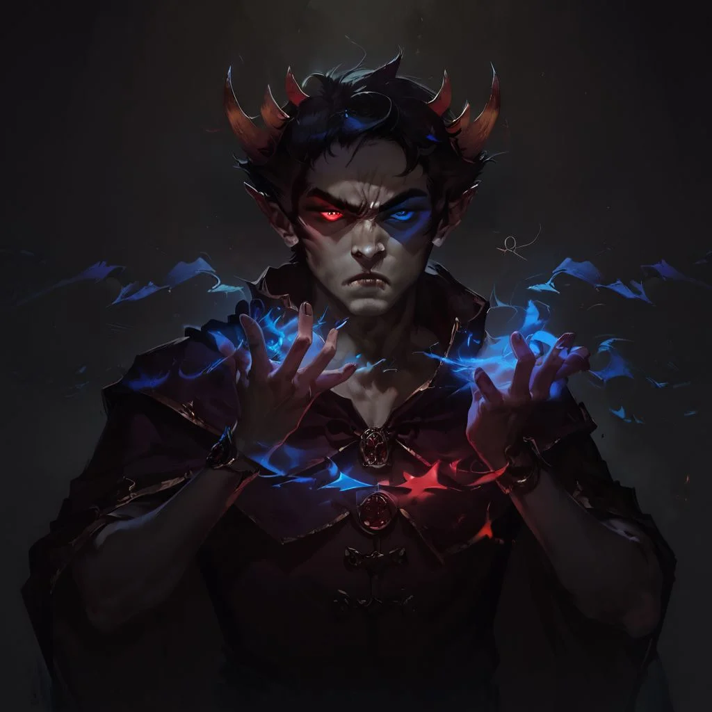 score_9, score_8_up, score_7_up, score_6_up, concept art, realistic, dark theme, low light, Sollux Captor, grey skin, black hair, four horns, red and blue eyes, sorcerer outfit, wizard outfit, annoyed expression, glowing hands, casting a spell, 1boy