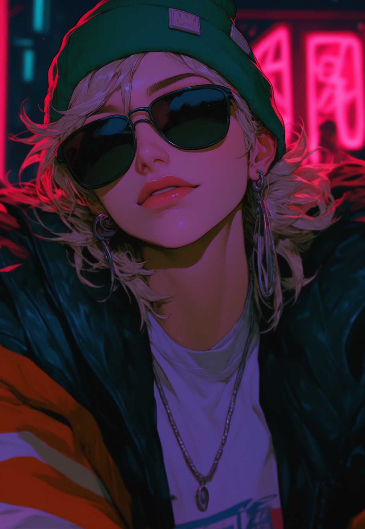 score_9, score_8_up, score_7_up, alternative girl, watching over black sunglasses, jacket, necklace, neon light reflections on skin, ear ring, makeup, skin imperfection, cute hair, beanie, neon lights background, low light, depth of field, highly detailed, high contrast, film grain, Rim Lighting, Long Exposure, DSLR, upper body, 