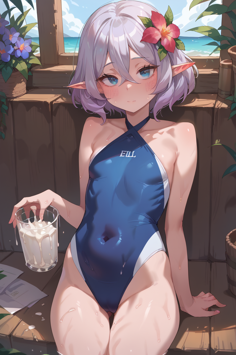 score_9, score_8_up, score_7_up, source_anime,
<lora:JJJJ_pony:1> jjjj, 1girl, solo, pointy ears, hair flower, flower, elf, hair ornament, blush, short hair, cum in container, swimsuit, hair between eyes, cup, covered navel